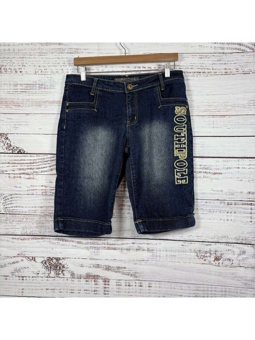 Southpole Blue Embroidered Logo Rhinestone Cuffed Denim Capris